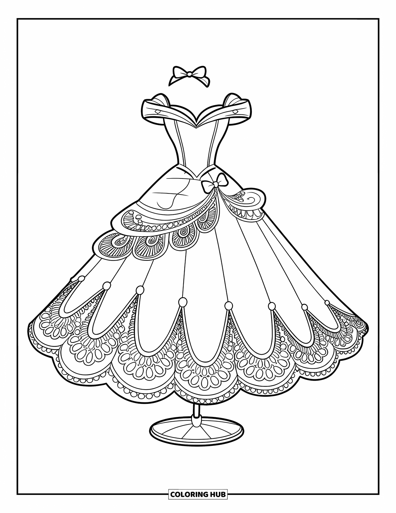 Dress Coloring Page for Kids: A ballroom gown with lace details and swirling patterns, designed for coloring