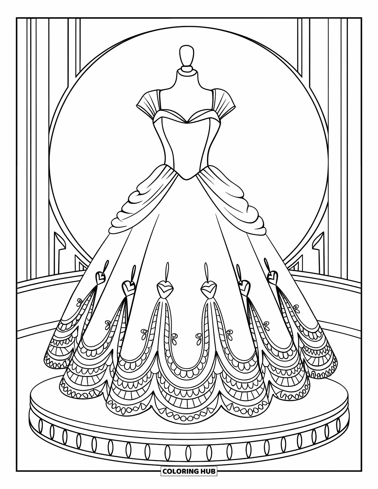 Dress Coloring Page for Kids: A ballroom gown with lace details displayed on a vintage-style dress form