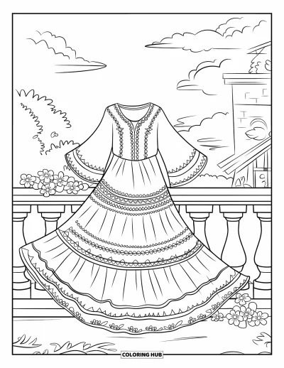 Coloriage de robe pour enfants : Une robe bohème drapée sur une balustrade, entourée de fleurs