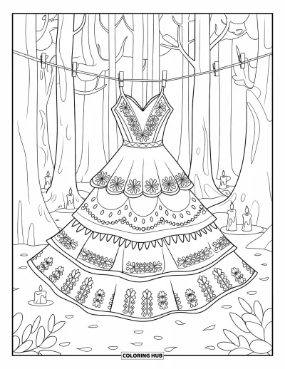 Coloriage de robe pour enfants : Une robe bohème suspendue à une corde à linge dans une forêt mystique