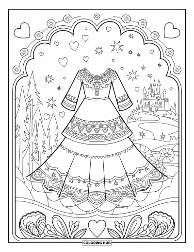 Coloriage de robes pour enfants : Une robe bohème entourée de cœurs, d'étoiles et de fleurs flottants