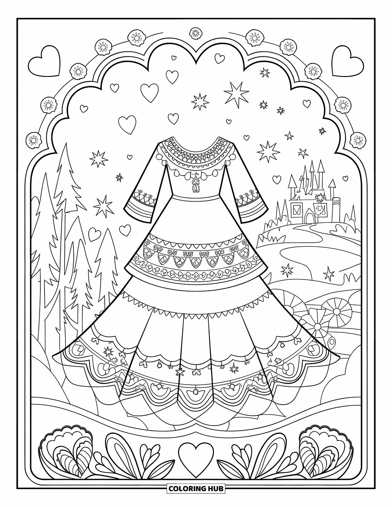 Dress Coloring Page for Kids: A bohemian dress with floating hearts, stars, and flowers surrounding it
