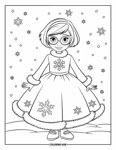 Coloriage de robe pour enfants : Un personnage dans une robe d'hiver avec des lunettes, debout parmi des flocons de neige qui tombent