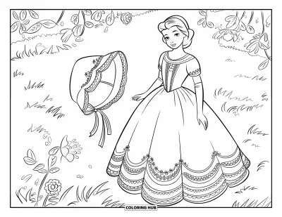 Coloriage de robe pour enfants : Une robe vintage classique avec des détails en dentelle, entourée de fleurs et de feuilles