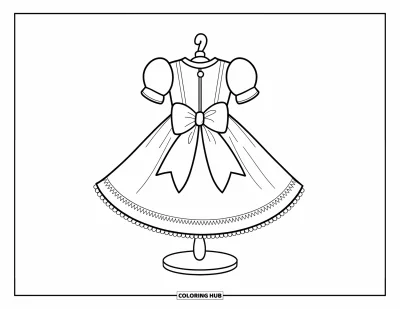 Coloriage de robe pour enfants : Une robe de poupée avec une jupe ample et un grand nœud, soigneusement présentée sur un présentoir