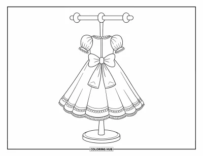 Coloriage de robe pour enfants : Une robe de poupée avec une jupe légère et fluide, placée sur un présentoir à vêtements en bois