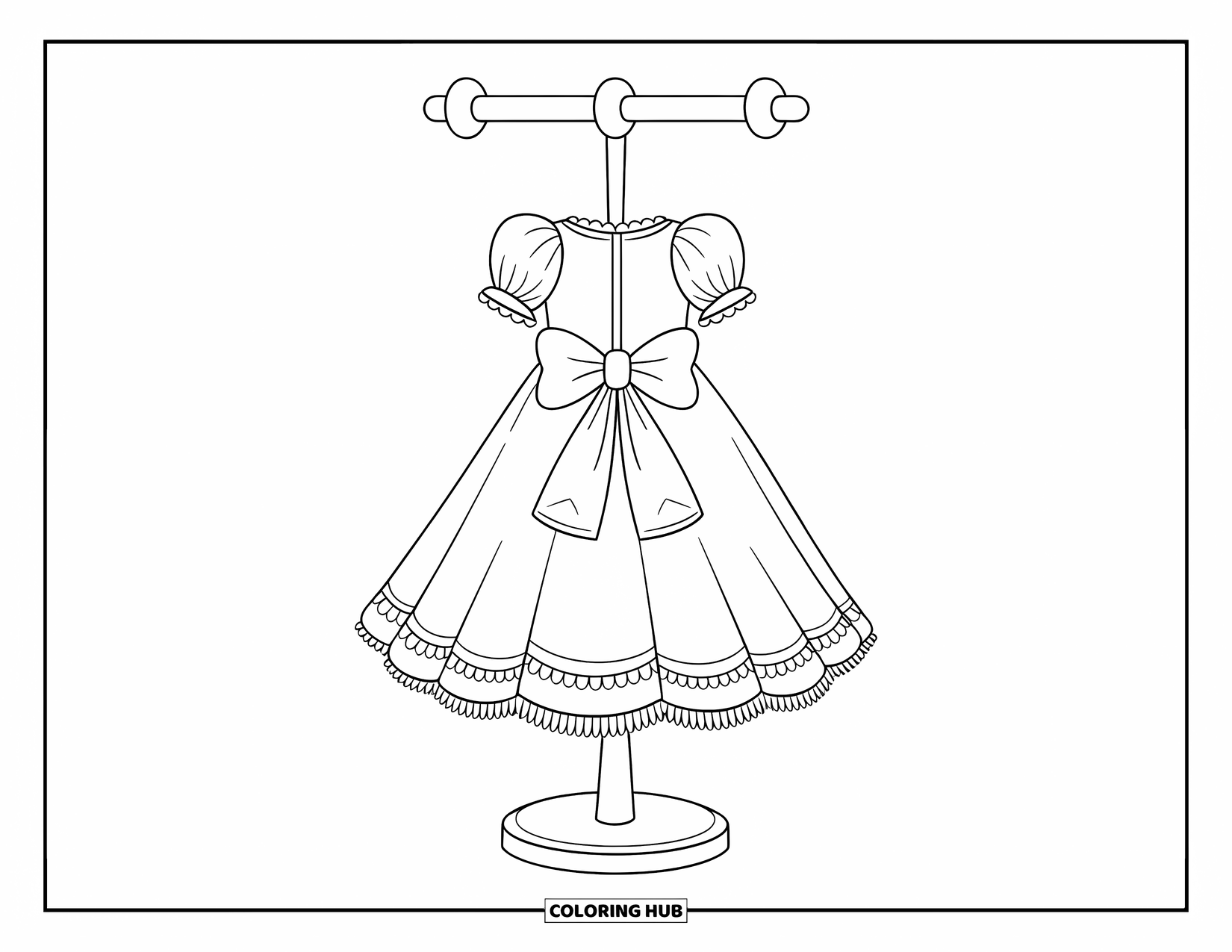 Dress Coloring Page for Kids: A doll's dress with a light, flowing skirt, placed on a wooden clothing stand