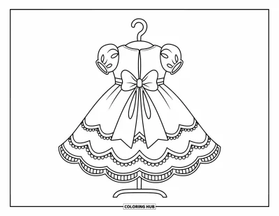 Coloriage de robe pour enfants : Une robe de poupée avec des manches bouffantes et un grand nœud, présentée sur un présentoir à vêtements