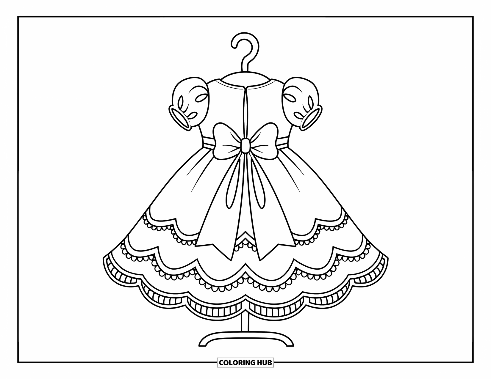 Dress Coloring Page for Kids: A doll's dress with puffed sleeves and a big bow, displayed on a clothing stand