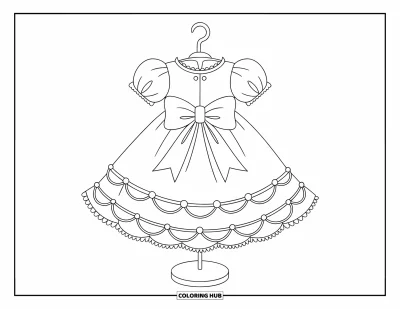 Coloriage de robe pour enfants : Une robe de poupée avec des manches bouffantes et un grand nœud, placée sur un présentoir