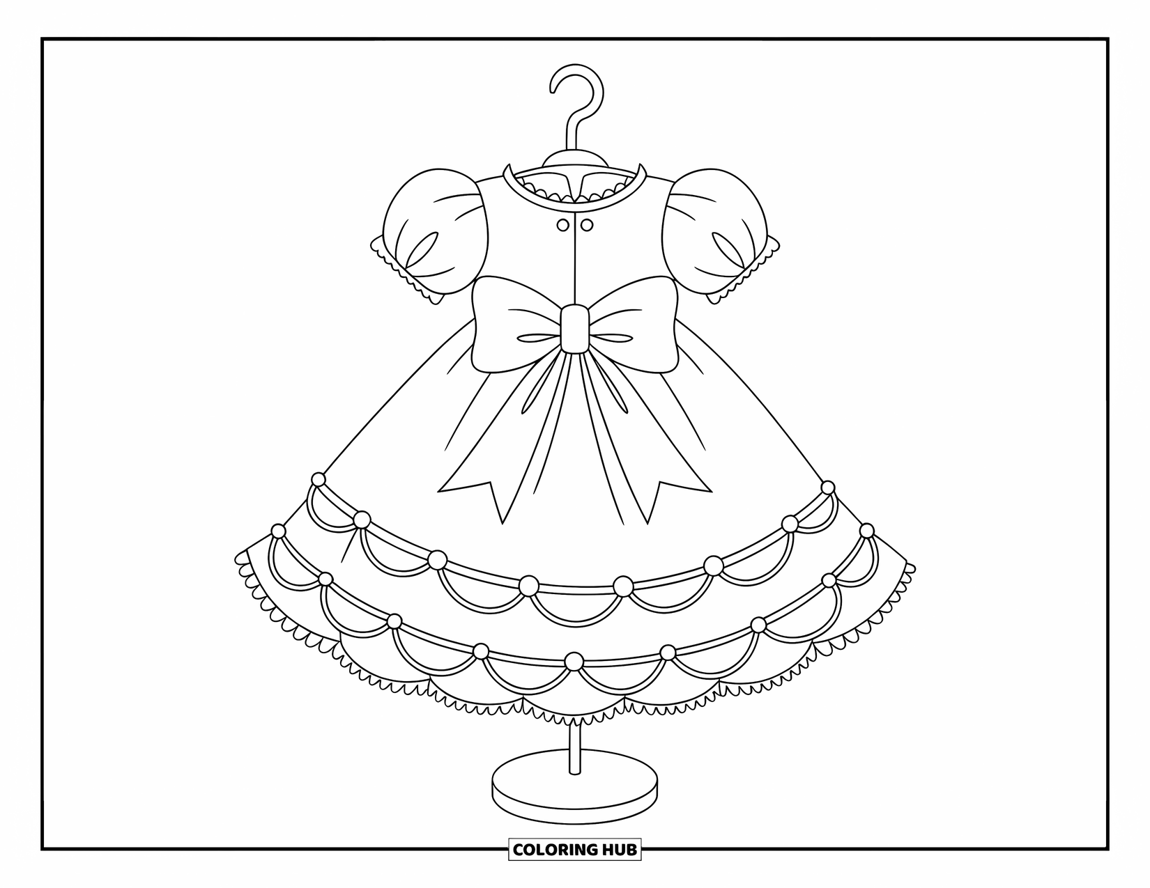 Dress Coloring Page for Kids: A doll's dress with puffed sleeves and a large bow, placed on a stand for display