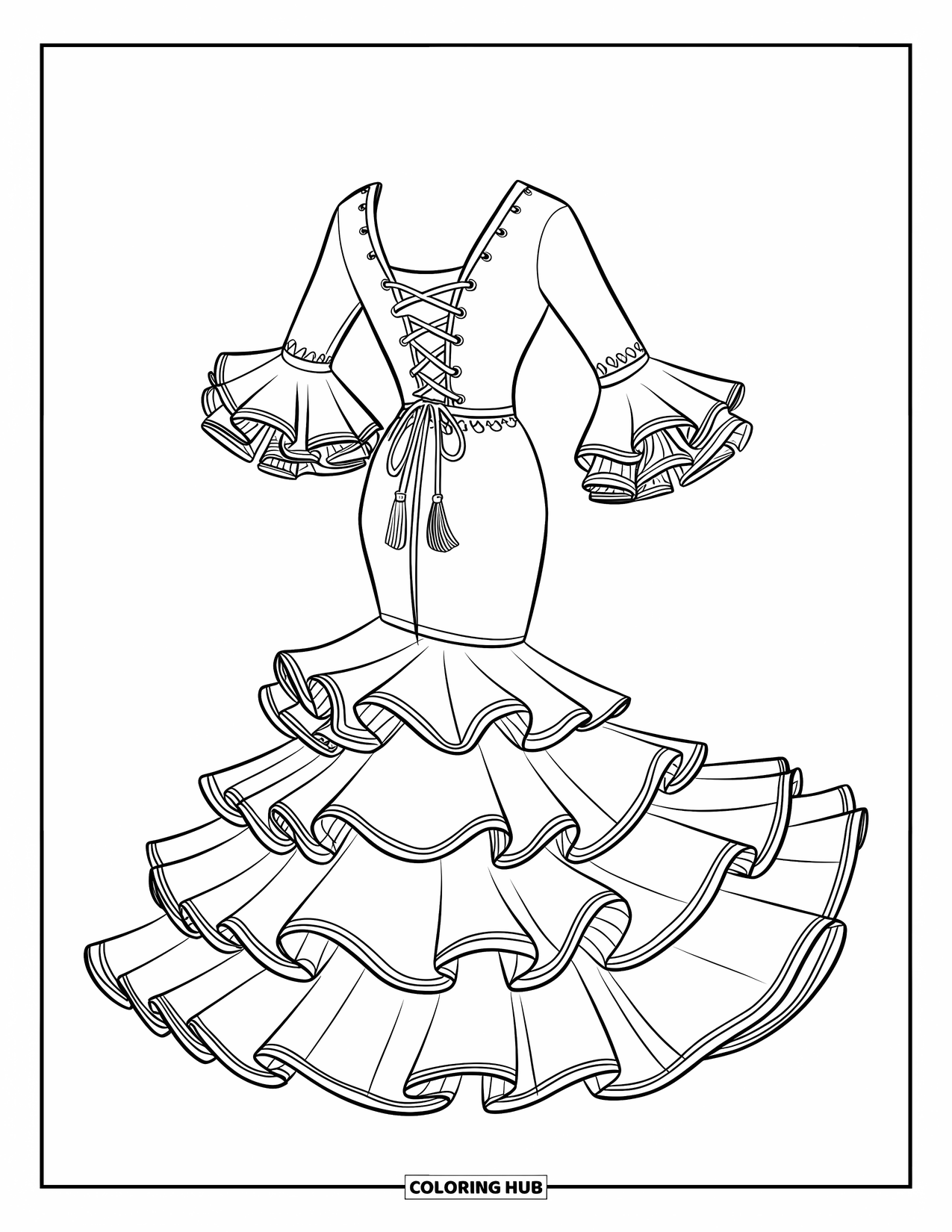 Dress Coloring Page for Kids: A dramatic flamenco dress with lace-up details and silver accents
