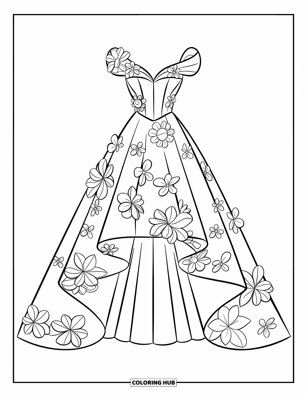 Dress Coloring Page for Kids: A dramatic high-low gown with floral appliqué and a sweetheart neckline