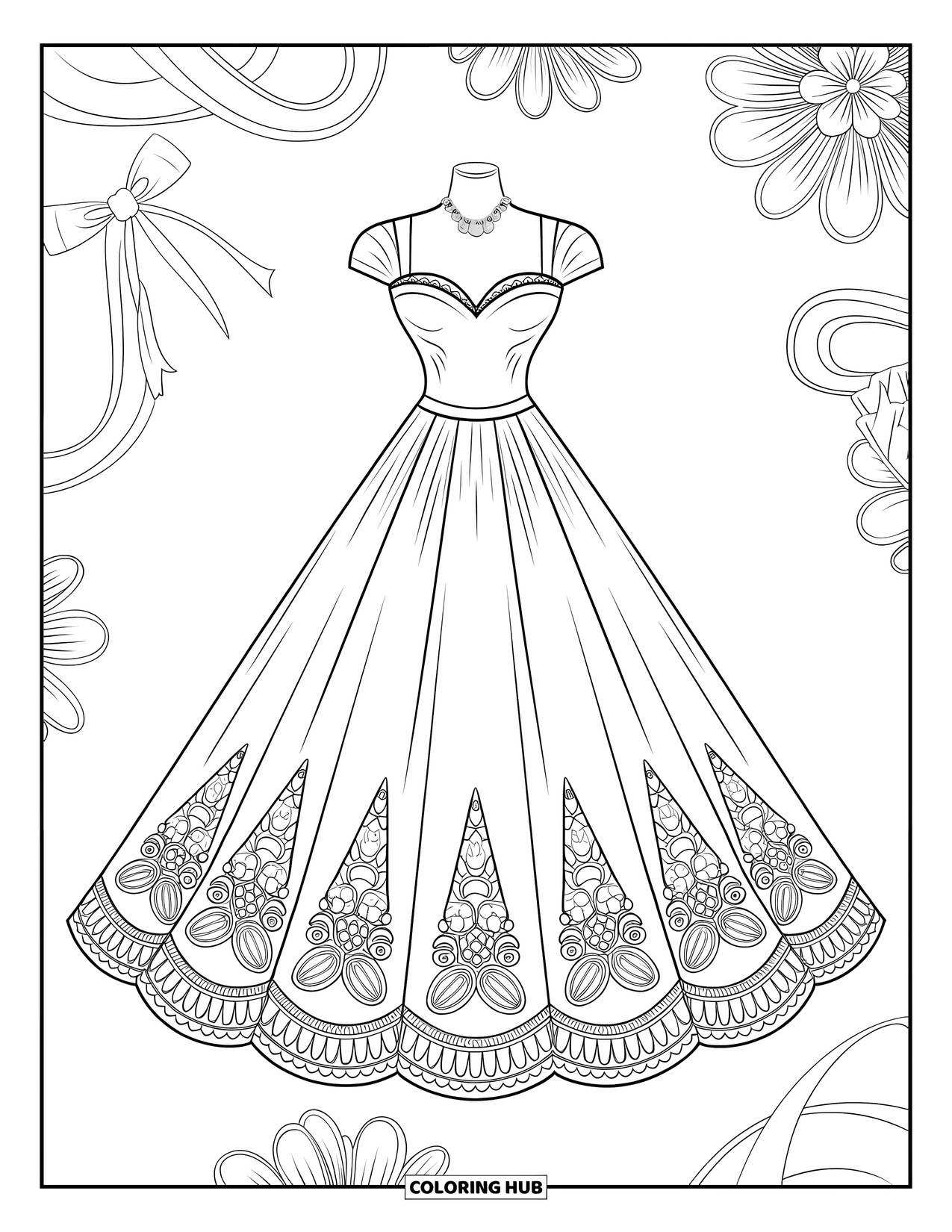 Dress Coloring Page for Kids: A dress form displaying a ballroom gown with a sweetheart neckline and intricate lace