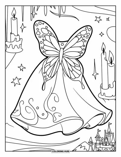 Coloriage de robe pour enfants : Une robe avec des ailes de papillon, flottant dans une scène de rêve avec des bougies, des étoiles et un château