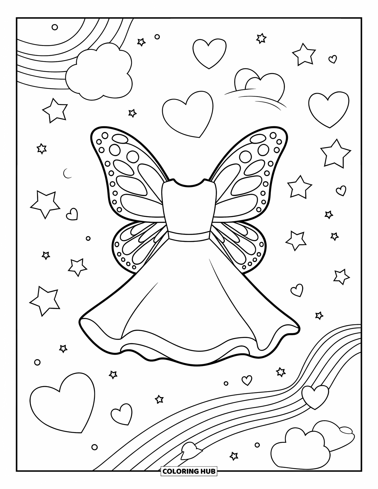 Dress Coloring Page for Kids: A dress with butterfly wings in a magical sky with hearts, stars, and a rainbow