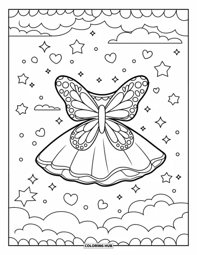 Coloriage de robes pour enfants : Une robe aux ailes de papillon, dans un monde féerique de cœurs flottants et de nuages doux