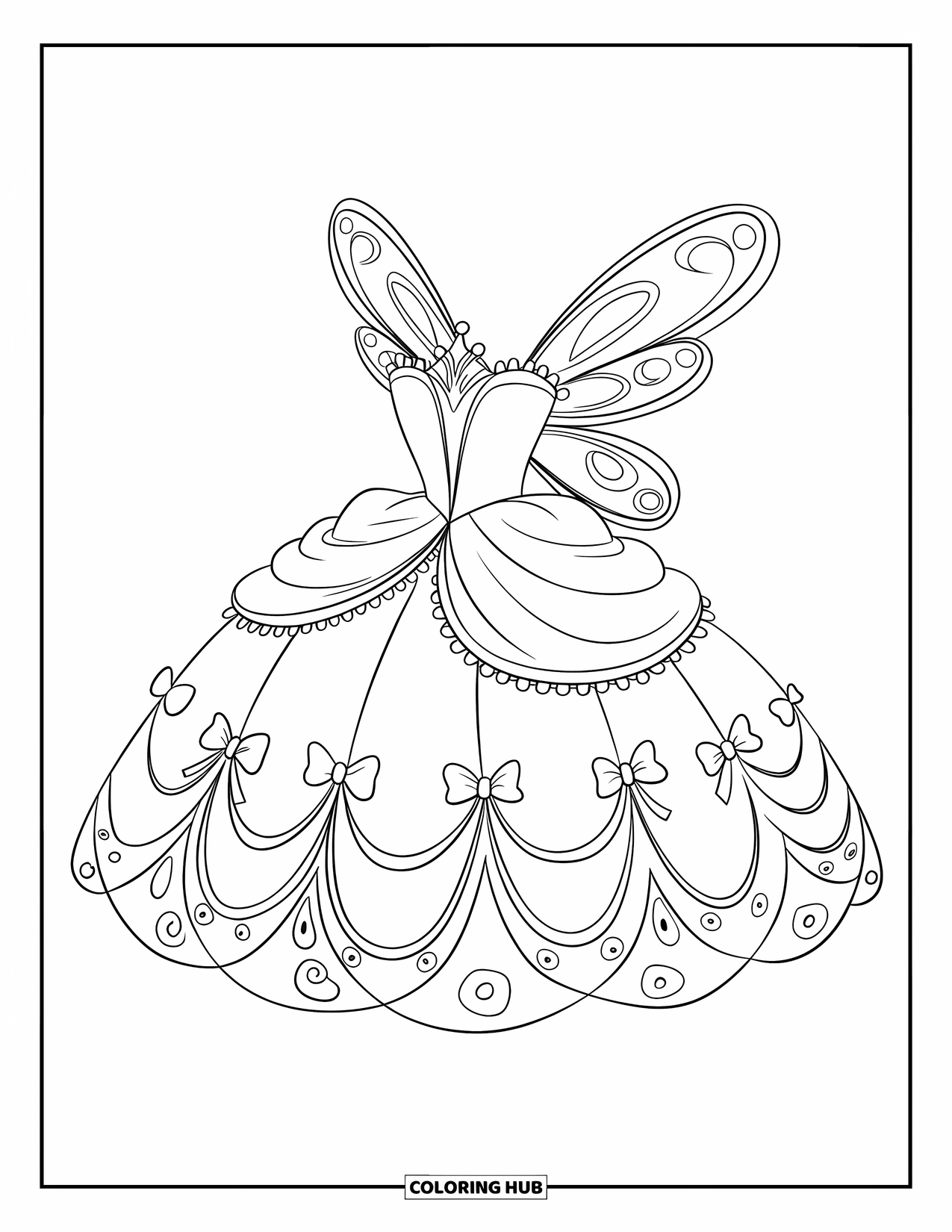Dress Coloring Page for Kids: A fairy dress with a patterned skirt, worn by a winged fairy with a small crown
