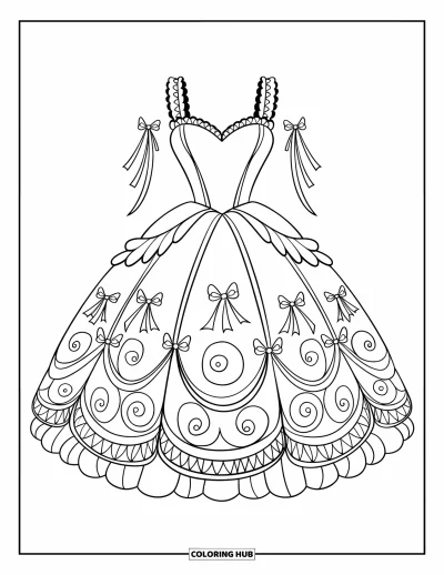 Coloriage de robe pour enfants : Une robe de fée avec un décolleté en cœur, de fines bretelles et une jupe à motifs ample