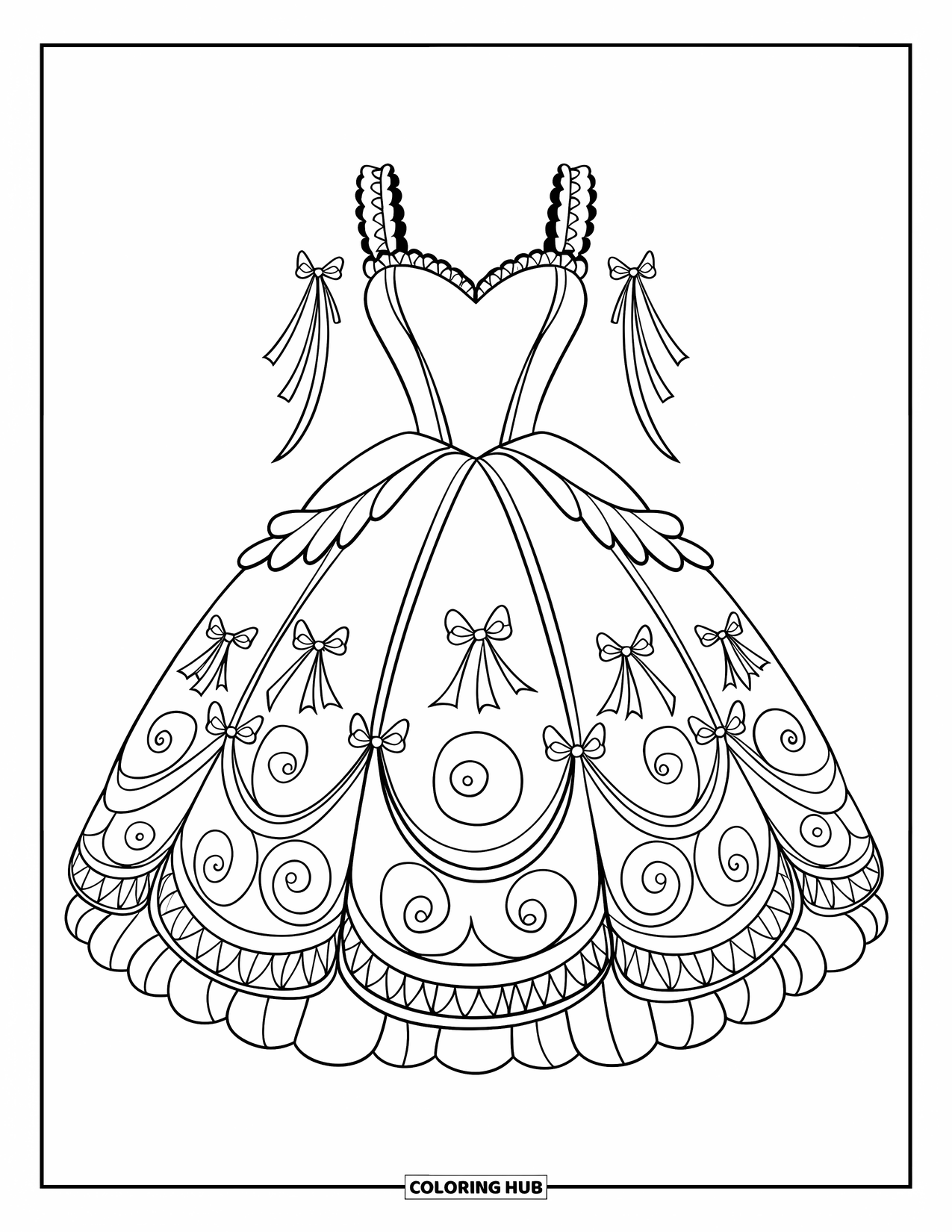 Dress Coloring Page for Kids: A fairy dress with a sweetheart neckline, delicate straps, and a full patterned skirt