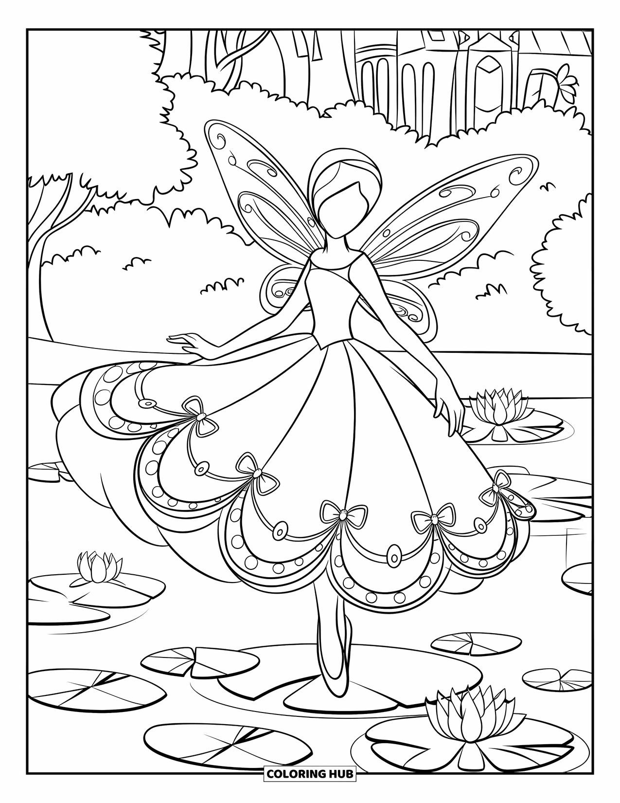 Dress Coloring Page for Kids: A fairy dress with elegant details, worn by a winged fairy standing on a lily pad