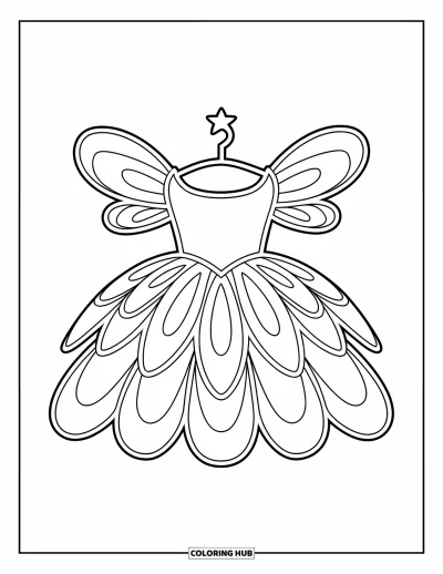 Coloriage de robe pour enfants : Une robe de fée avec des pétales superposés et une petite étoile sur le cintre, parfaite pour les amoureux des fées