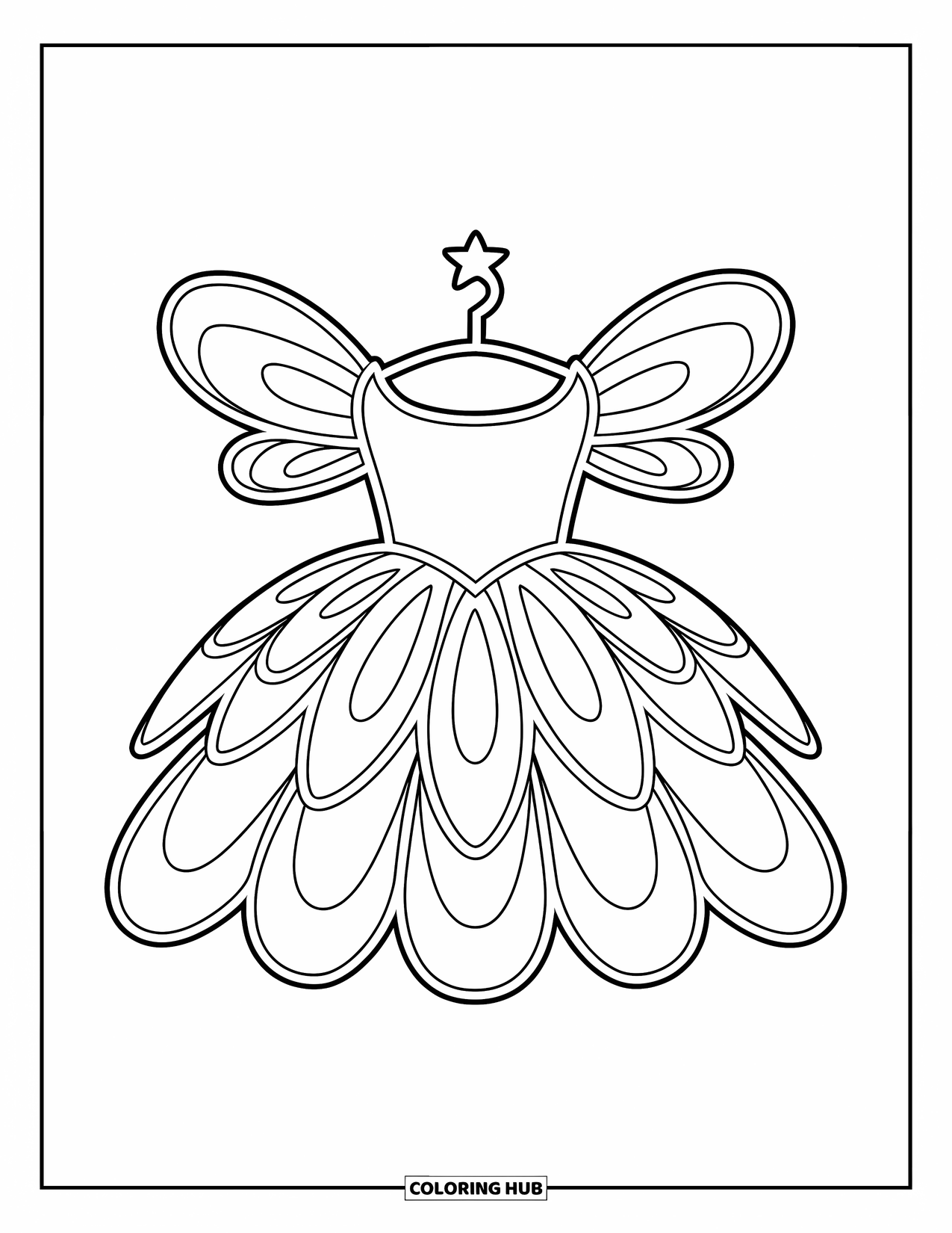 Dress Coloring Page for Kids: A fairy dress with layered petals and a small star on the hanger, perfect for fairy lovers