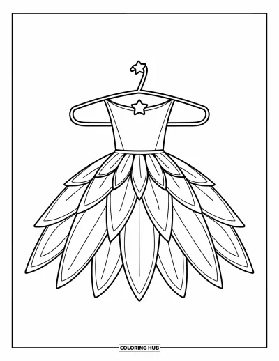 Coloriage de robe pour enfants : Une robe de fée avec des couches en forme de pétales et une petite étoile sur le cintre pour une touche magique