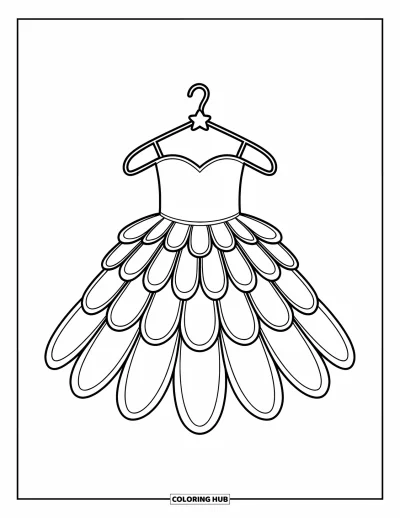 Coloriage de robe pour enfants : Une robe de fée avec des couches en forme de pétales et une petite étoile, créant un look fantaisiste