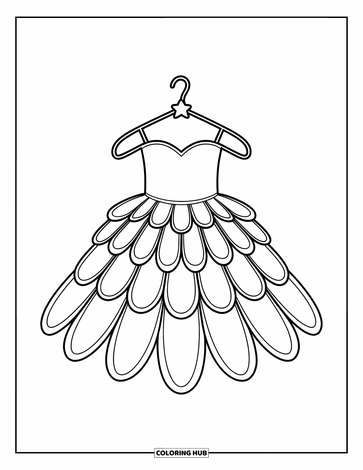 Dress Coloring Page for Kids: A fairy dress with petal-shaped layers and a tiny star accent, creating a whimsical look