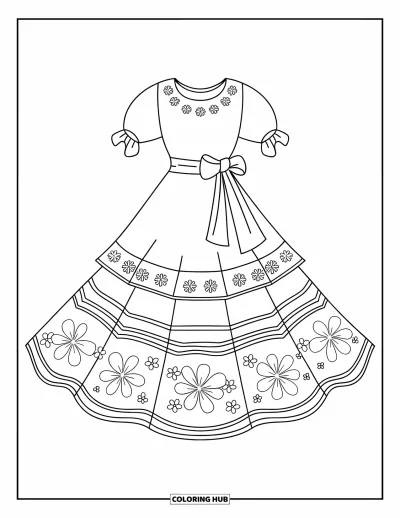 Coloriage de robe pour enfants : Une robe de festival avec une jupe à plusieurs niveaux, des accents floraux et une ceinture nouée dans le dos