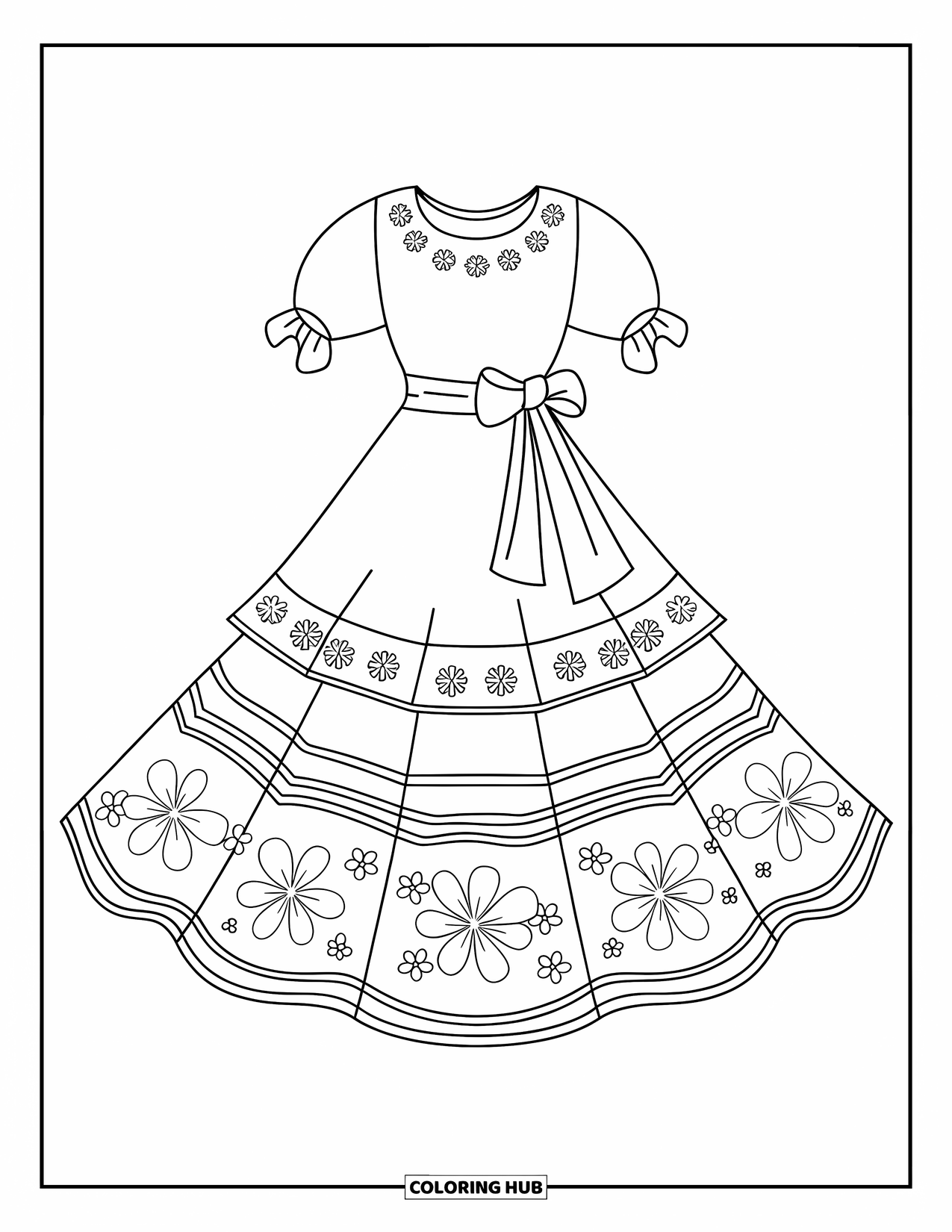 Dress Coloring Page for Kids: A festival dress with a layered skirt, floral accents, and a sash tied at the back