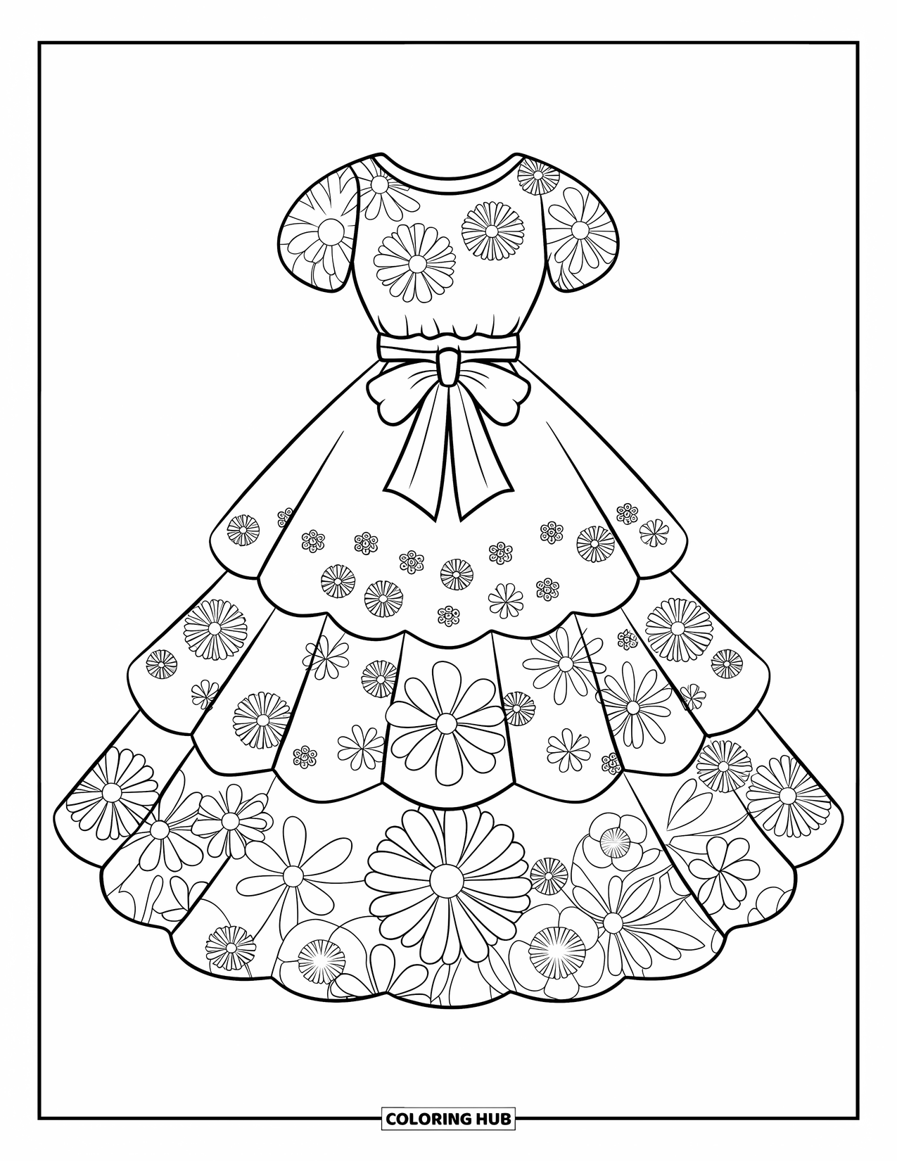 Dress Coloring Page for Kids: A festival dress with floral patterns and a bow at the waist