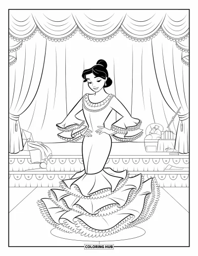 Coloriage de robe pour enfants : Une robe de flamenco avec des volants fluides, portée par une danseuse sur scène