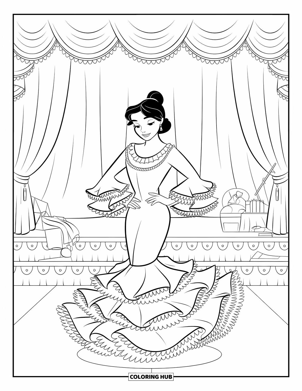 Dress Coloring Page for Kids: A flamenco dress with flowing ruffles, worn by a dancer on stage