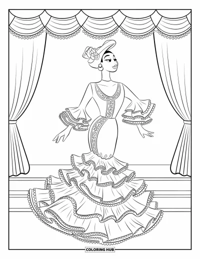 Coloriage de robe pour enfants : Une robe de flamenco avec des volants superposés et des motifs décoratifs complexes
