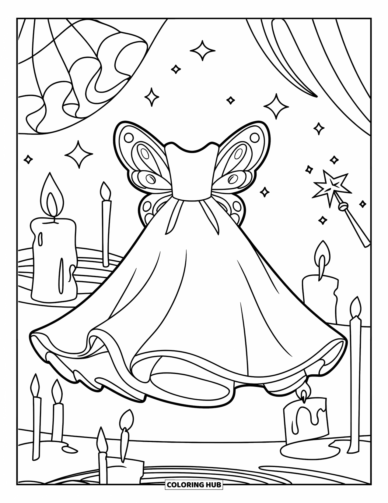 Dress Coloring Page for Kids: A floating dress with butterfly wings in a magical setting with stars and floating candles