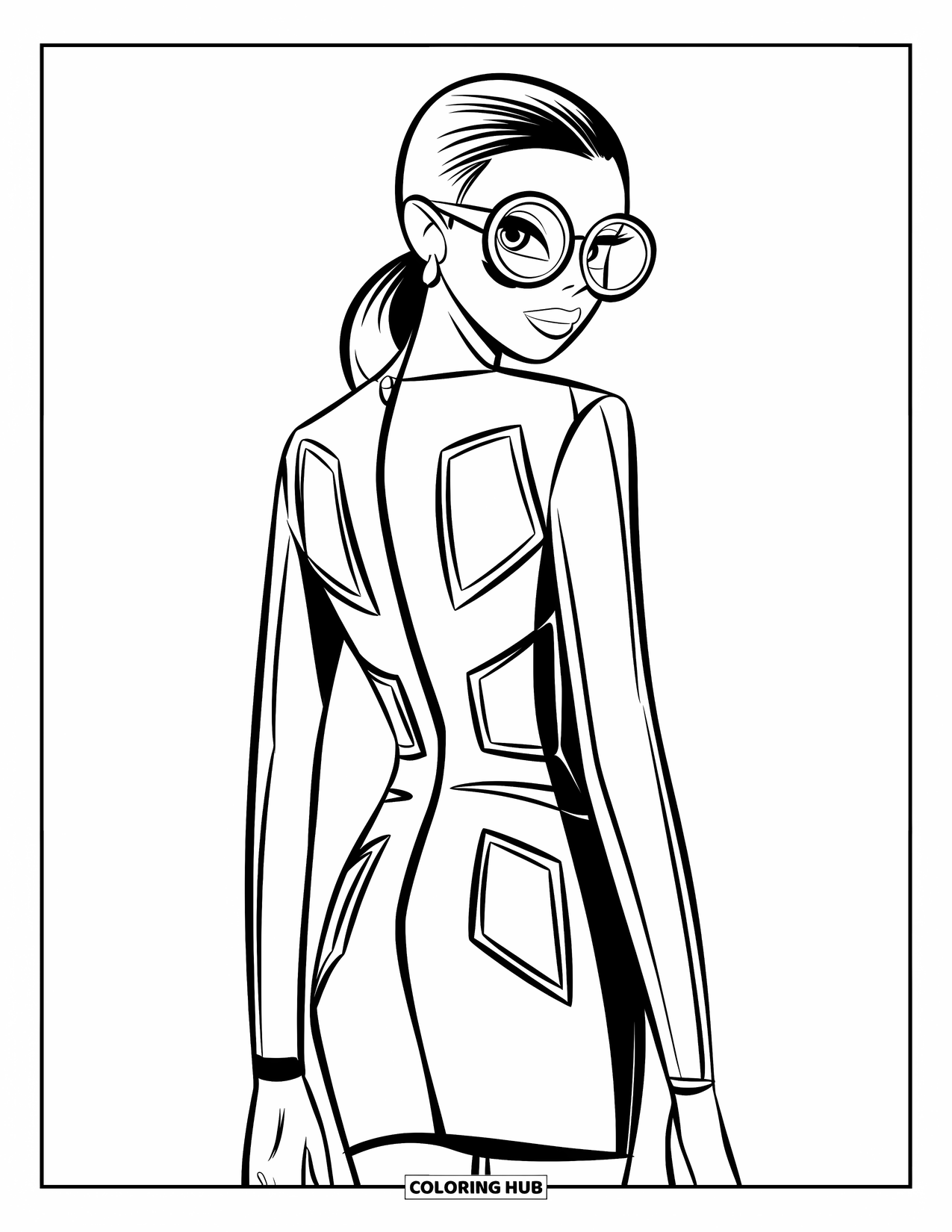 Dress Coloring Page for Kids: A geometric-patterned runway dress with bold shapes and clean outlines