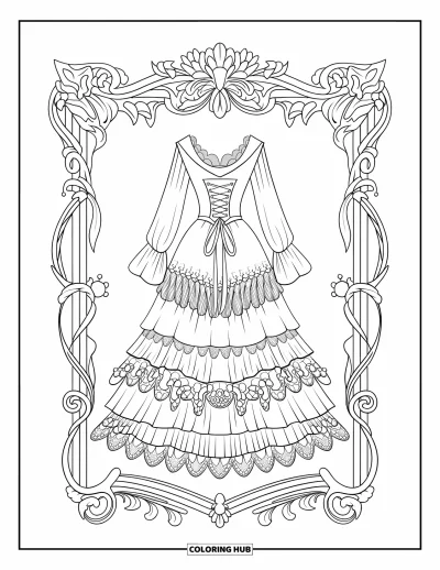 Coloriage de robe pour enfants : Une robe gothique avec un décolleté bas et des couches de dentelle, entourée de motifs complexes