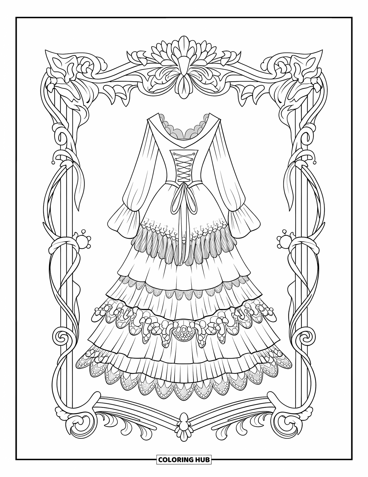 Dress Coloring Page for Kids: A gothic dress with a low neckline and lace layers, surrounded by intricate patterns