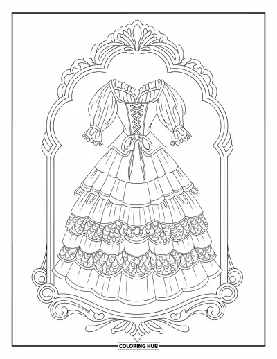 Coloriage de robe pour enfants : Une robe gothique avec des textures de dentelle superposées, affichée dans un cadre complexe