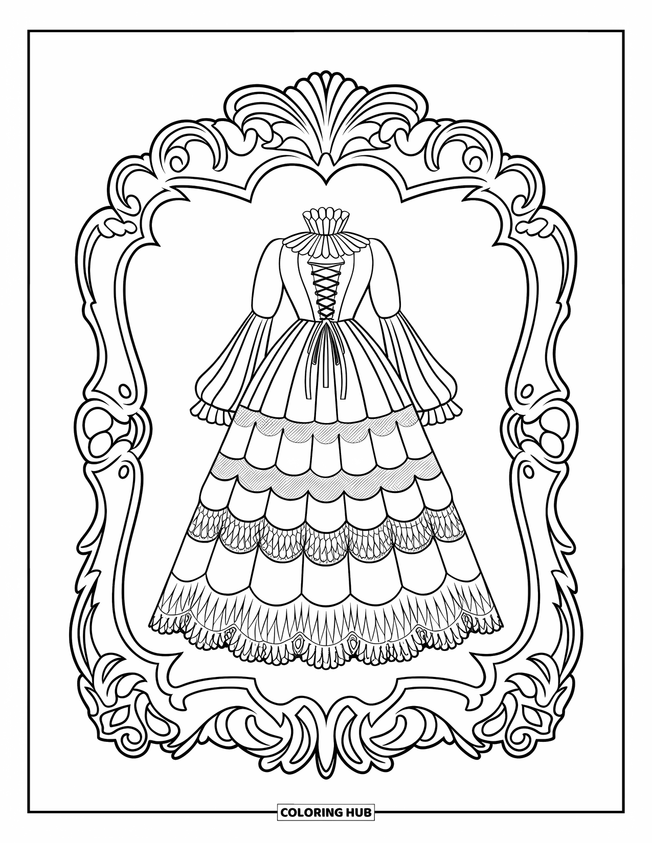 Dress Coloring Page for Kids: A gothic-style dress with corset lacing and lace textures, placed inside an ornate frame