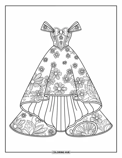 Coloriage de robe pour enfants : Une robe asymétrique avec un corsage floral et un design élégant et moderne