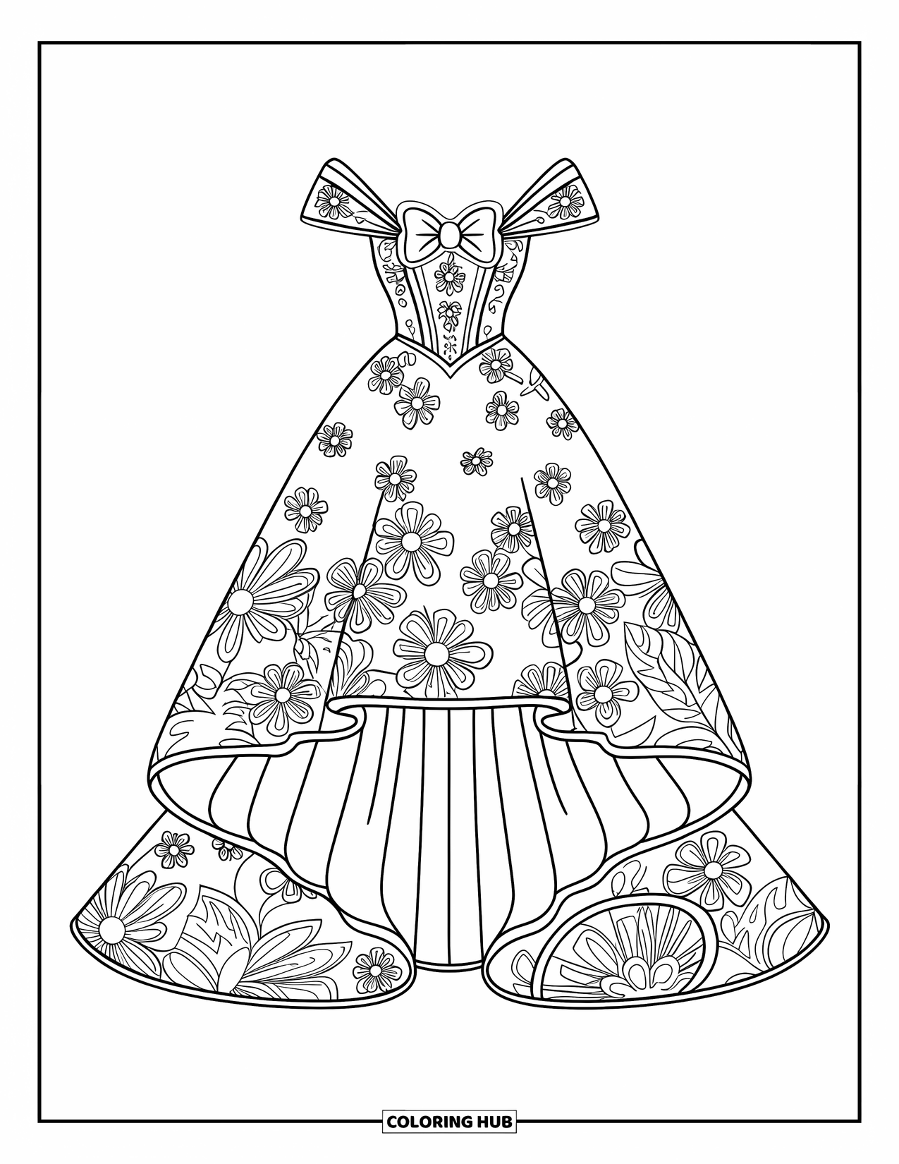 Dress Coloring Page for Kids: A high-low gown with a floral bodice and an elegant, modern design