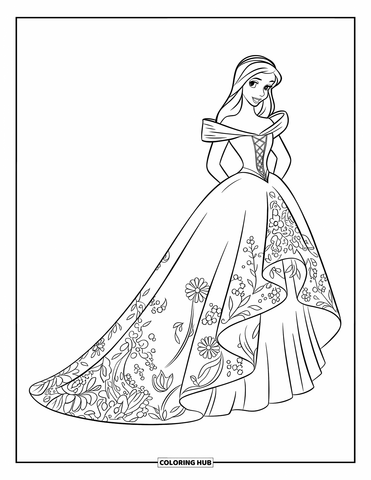 Dress Coloring Page for Kids: A high-low gown with floral appliqué details and a sophisticated bodice