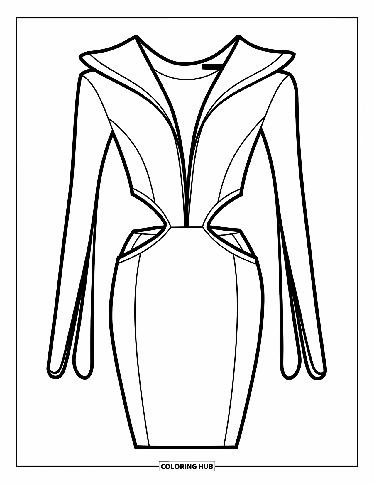 Dress Coloring Page for Kids: A high-neck runway dress with long sleeves and intricate lace details
