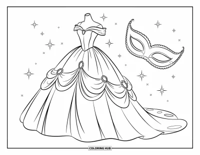 Coloriage de robe pour enfants : Une robe de bal masqué avec un drapé élégant et un masque flottant assorti