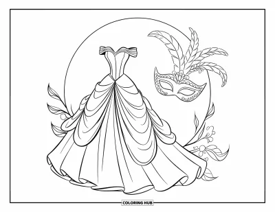 Coloriage de robe pour enfants : Une robe de mascarade avec un décolleté en cœur, des motifs complexes et un masque à plumes flottant