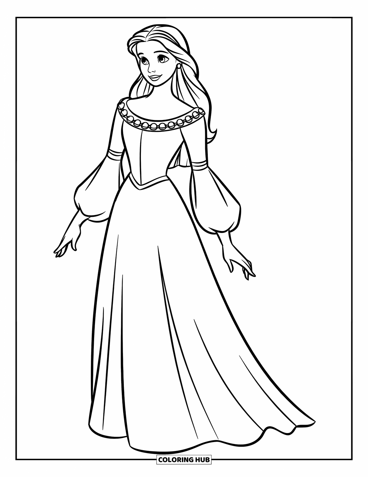Dress Coloring Page for Kids: A medieval gown with pearl details, worn by a princess with dark hair