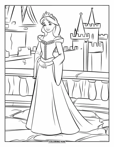 Coloriage de robe pour enfants : Une robe de princesse médiévale avec une couronne et une longue traîne, située dans un château